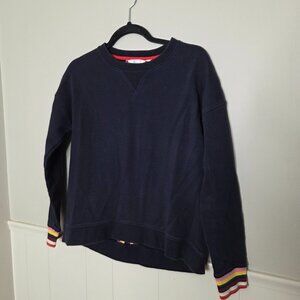 BODEN Navy Blue Rainbow Striped Cotton Blend Crew Neck Sweatshirt
